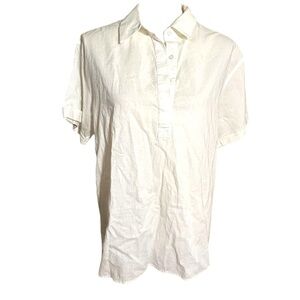 Women’s Lands’ End White Linen Popover Collared Tunic Short Sleeve Top Sz Medium